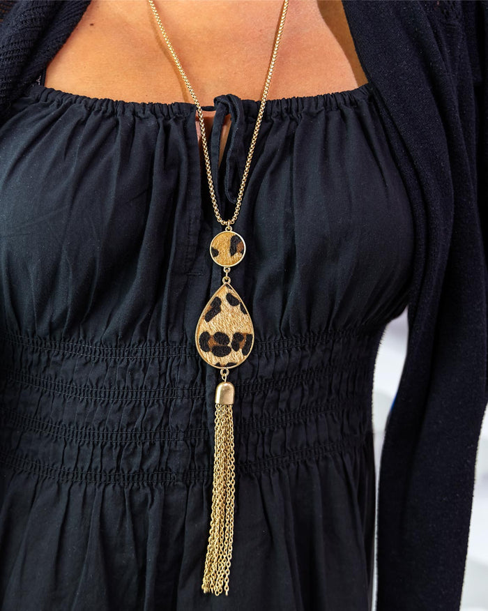 Dauplaise Jewelry - Animal Printed Disc Tassel Drop Necklace