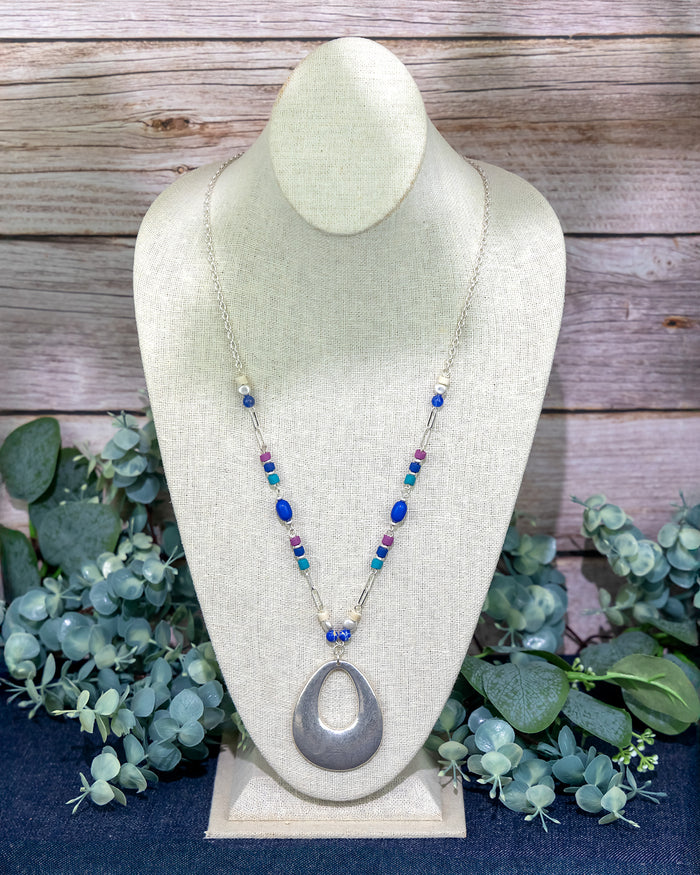 Dauplaise Jewelry - Long Beaded Necklace with Silver-Tone Pendant