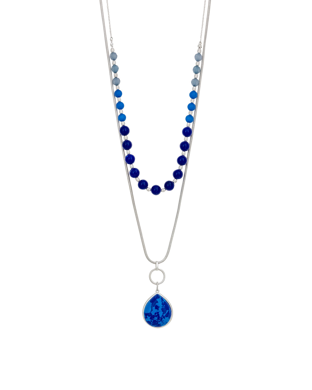 Dauplaise Jewelry - Layered Blue Beaded Necklace with Teardrop Pendant