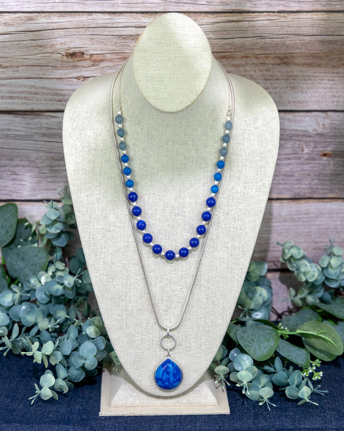 Dauplaise Jewelry - Layered Blue Beaded Necklace with Teardrop Pendant