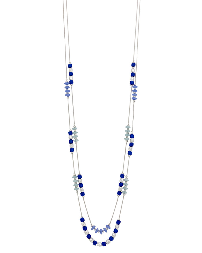 Dauplaise Jewelry - Layered Blue Beaded Necklace with Silver Accents