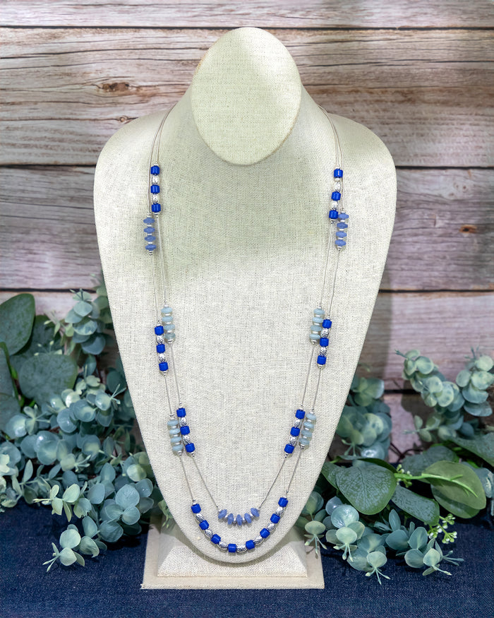 Dauplaise Jewelry - Layered Blue Beaded Necklace with Silver Accents