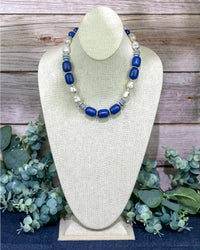 Dauplaise Jewelry - Blue Beaded Statement Necklace with Silver Accents