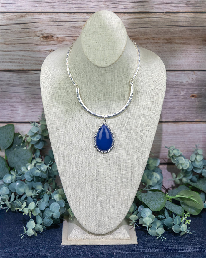 Dauplaise Jewelry - Textured Silver-Tone Necklace with Blue Stone Pendant