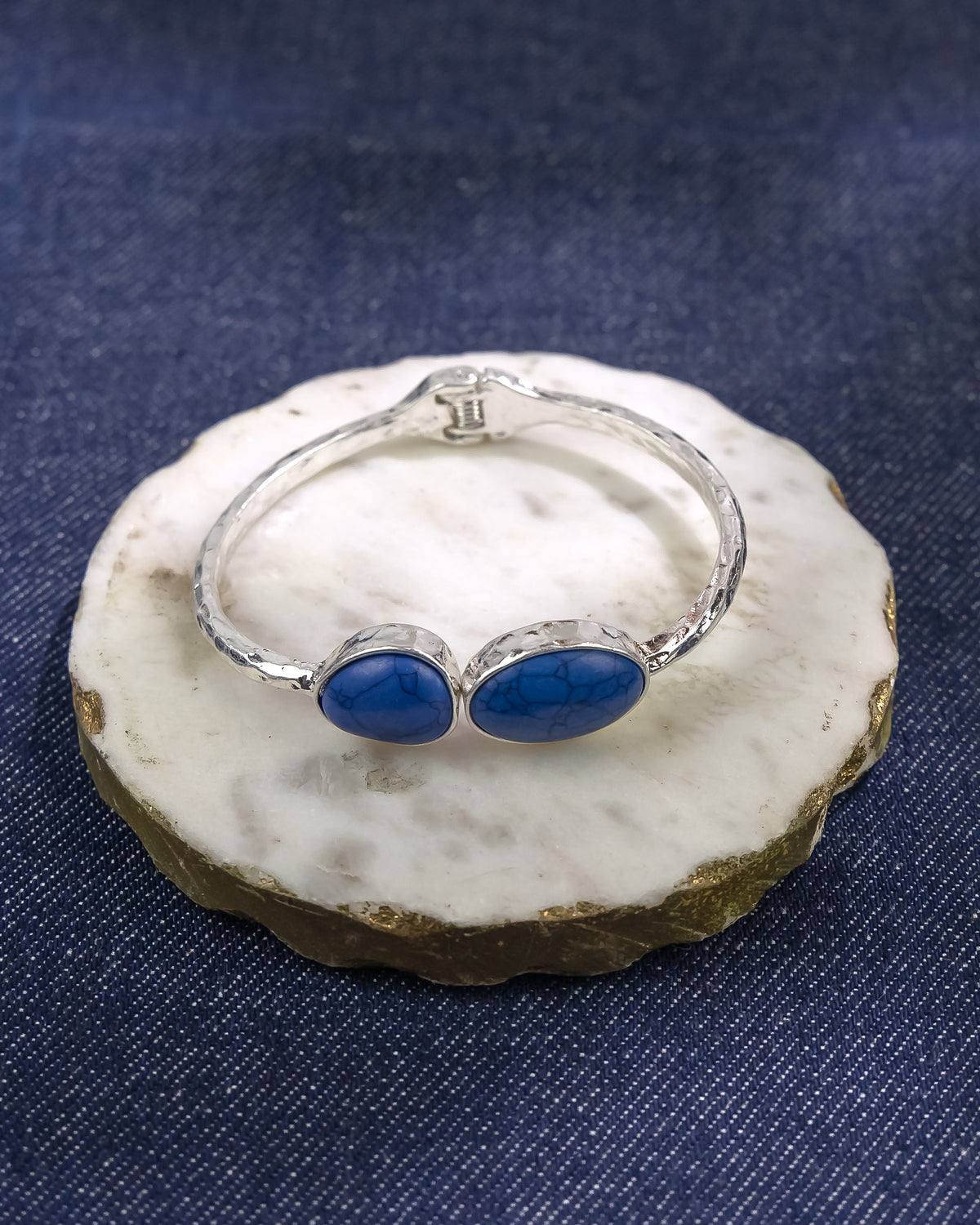 Dauplaise Jewelry - Blue Stone Cuff Bracelet with Hinge Closure