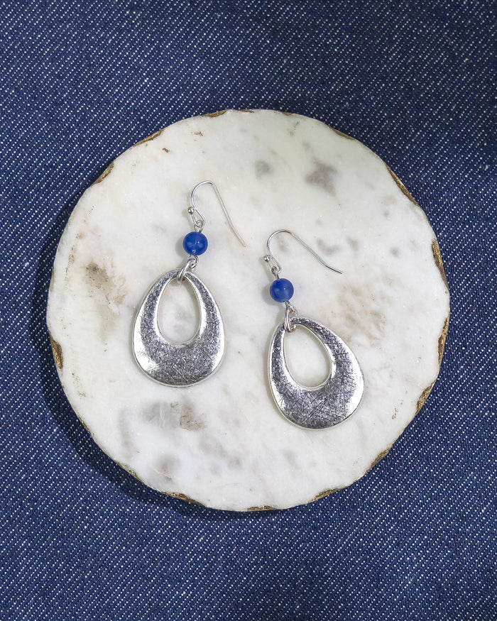 Dauplaise Jewelry - Silver-Tone Oval Drop Earrings with Blue Bead Accent