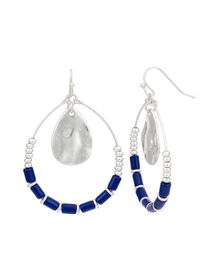 Dauplaise Jewelry - Silver Hoop Earrings with Blue Beads and Disc Charm