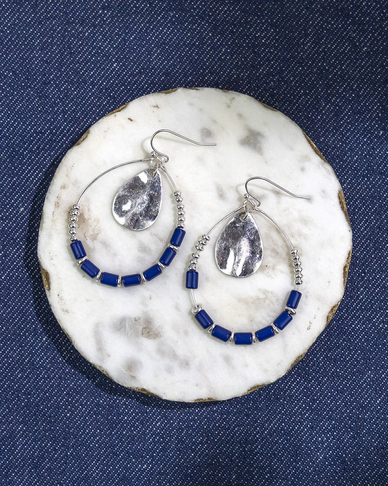 Dauplaise Jewelry - Silver Hoop Earrings with Blue Beads and Disc Charm