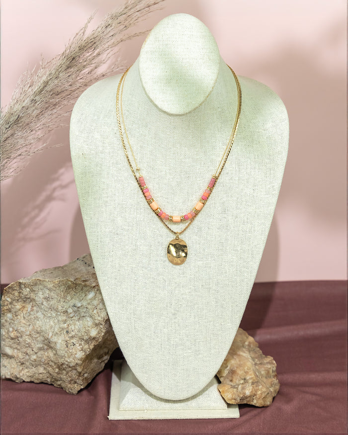 Dauplaise Jewelry - Layered Beaded Necklace with Gold Pendant