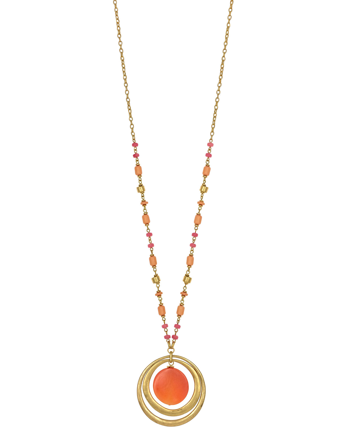 Dauplaise Jewelry - Long Beaded Necklace with Double Circle Pendant