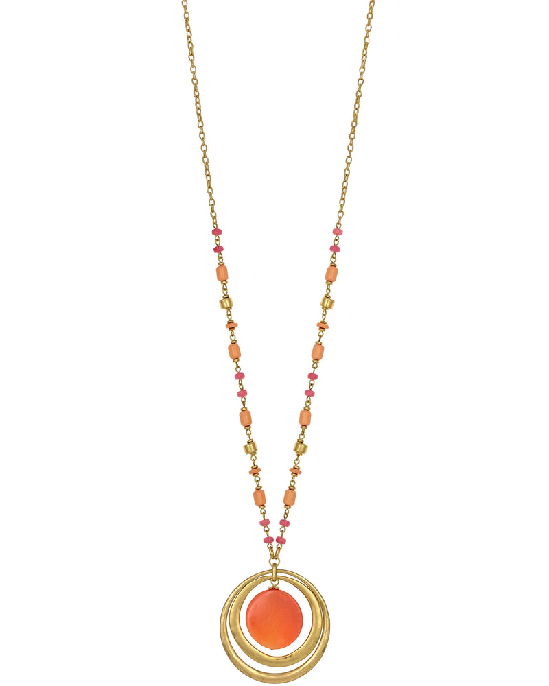 Dauplaise Jewelry - Long Beaded Necklace with Double Circle Pendant