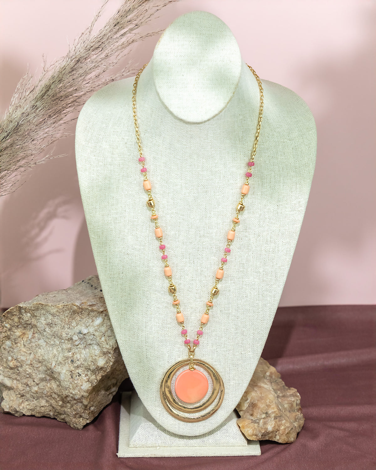 Dauplaise Jewelry - Long Beaded Necklace with Double Circle Pendant