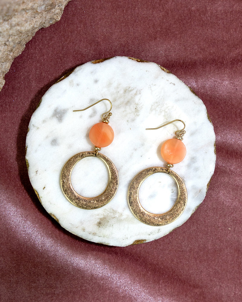 Daupaise Jewelry - Gold Hoop Earrings with coral Stone Accent