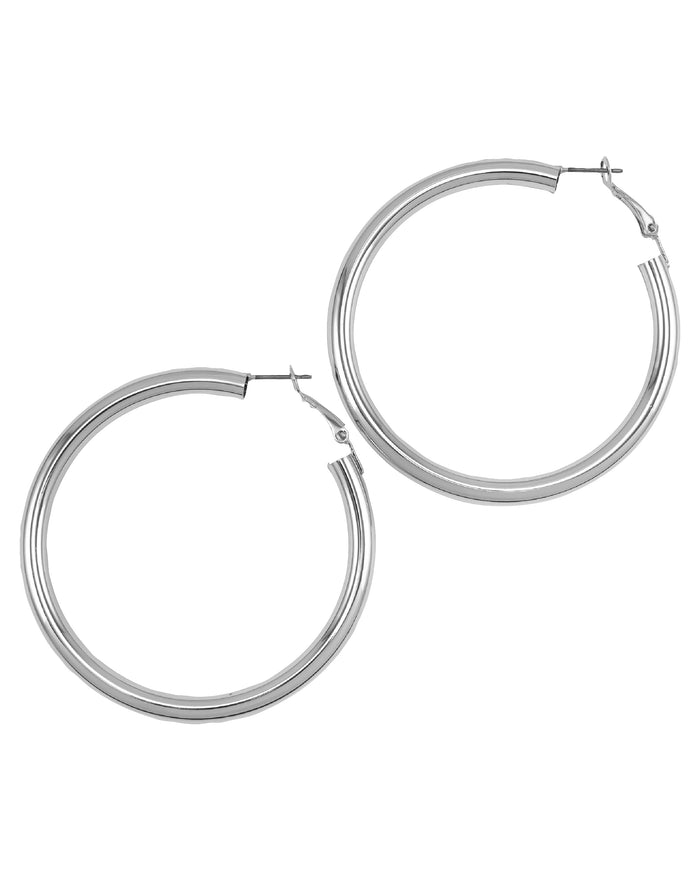 Dauplaise Jewelry - Large Silver-tone Click Metal Hoop Earrings