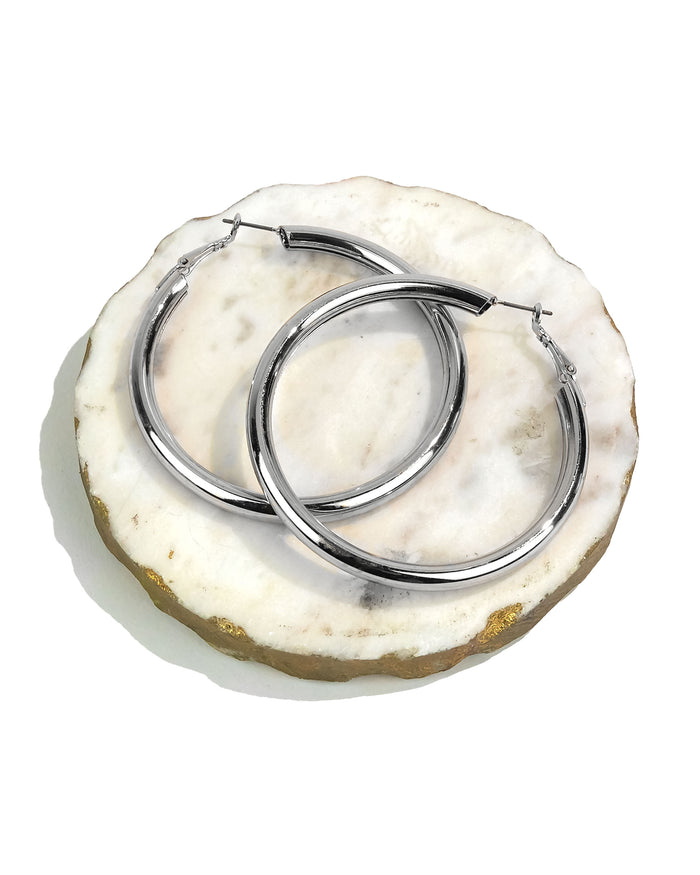 Dauplaise Jewelry - Large Silver-tone Click Metal Hoop Earrings