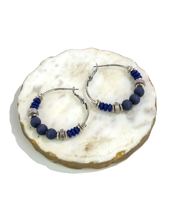 Ruby Rd. - Medium Blue Beaded Hoop Earrings