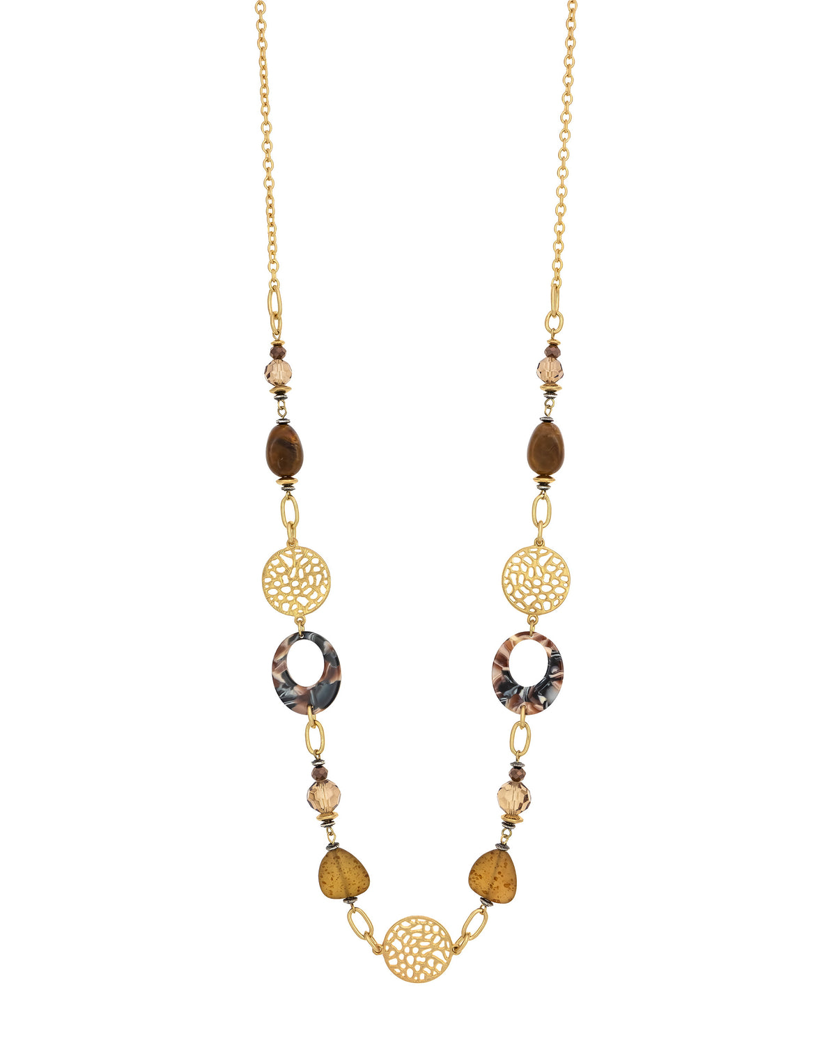 Ruby Rd. - Golden Filigree Statement Necklace with Brown Beads